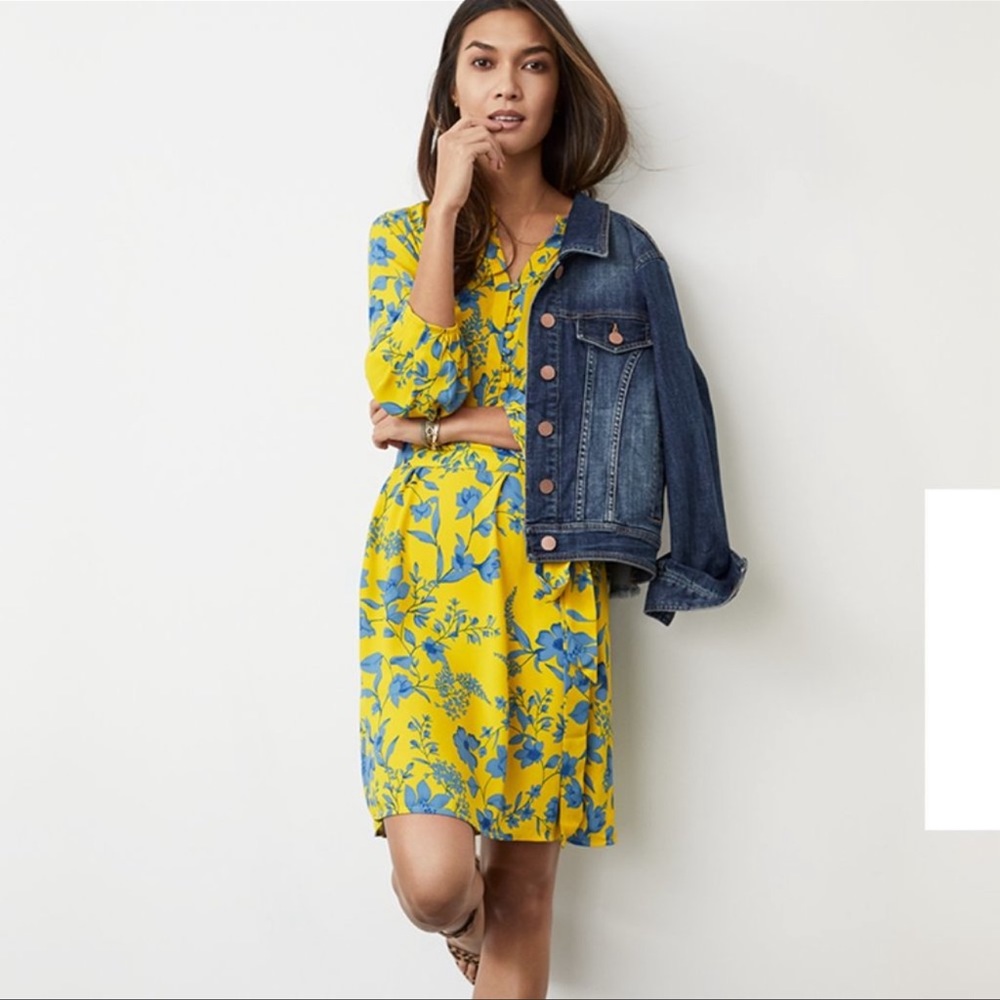Cabi Floral Flowy mini/Knee Length Dress Sz M Yellow Blue V neck Long Sleeves